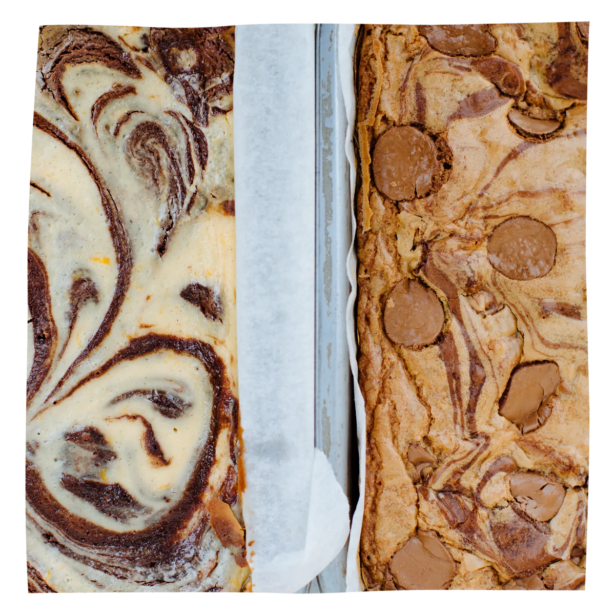 Two types of brownies shown side-by-side in a baking pan.