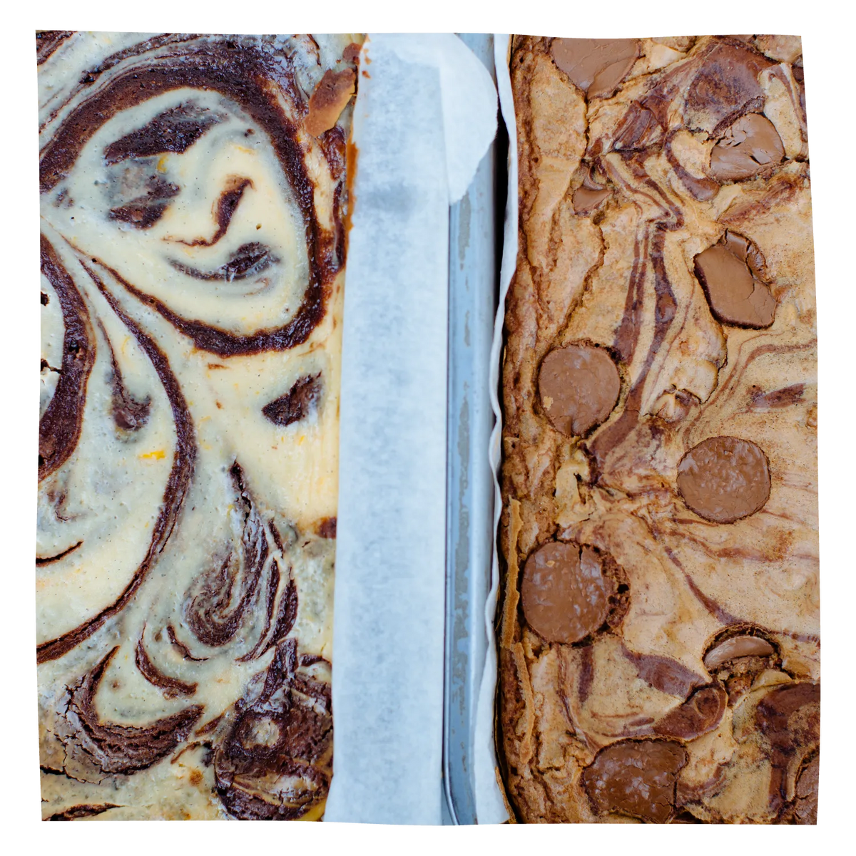 Two types of brownies shown side-by-side in a baking pan.
