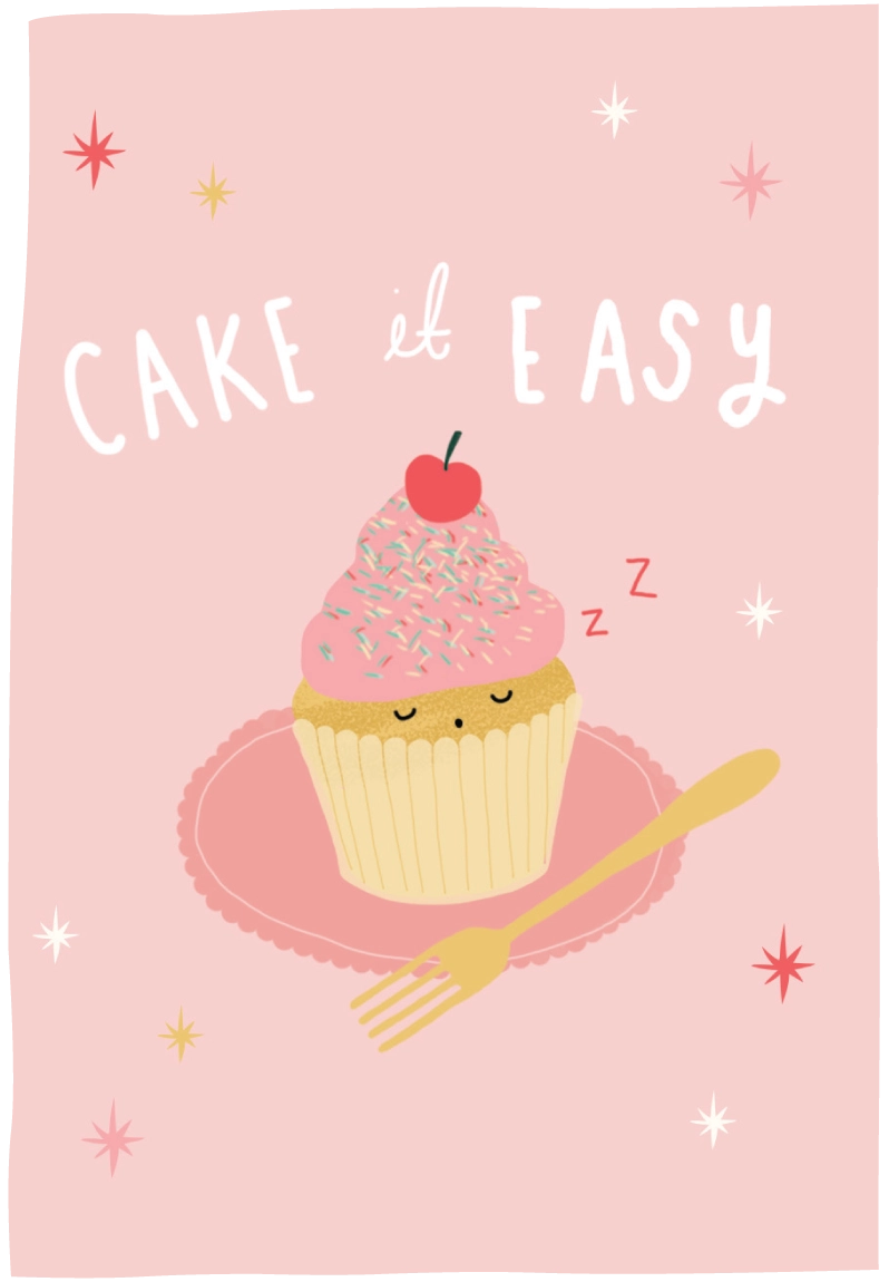 A pink square graphic with the words “CAKE it EASY” in white script and print above a cute cupcake on a pink plate with a gold fork.