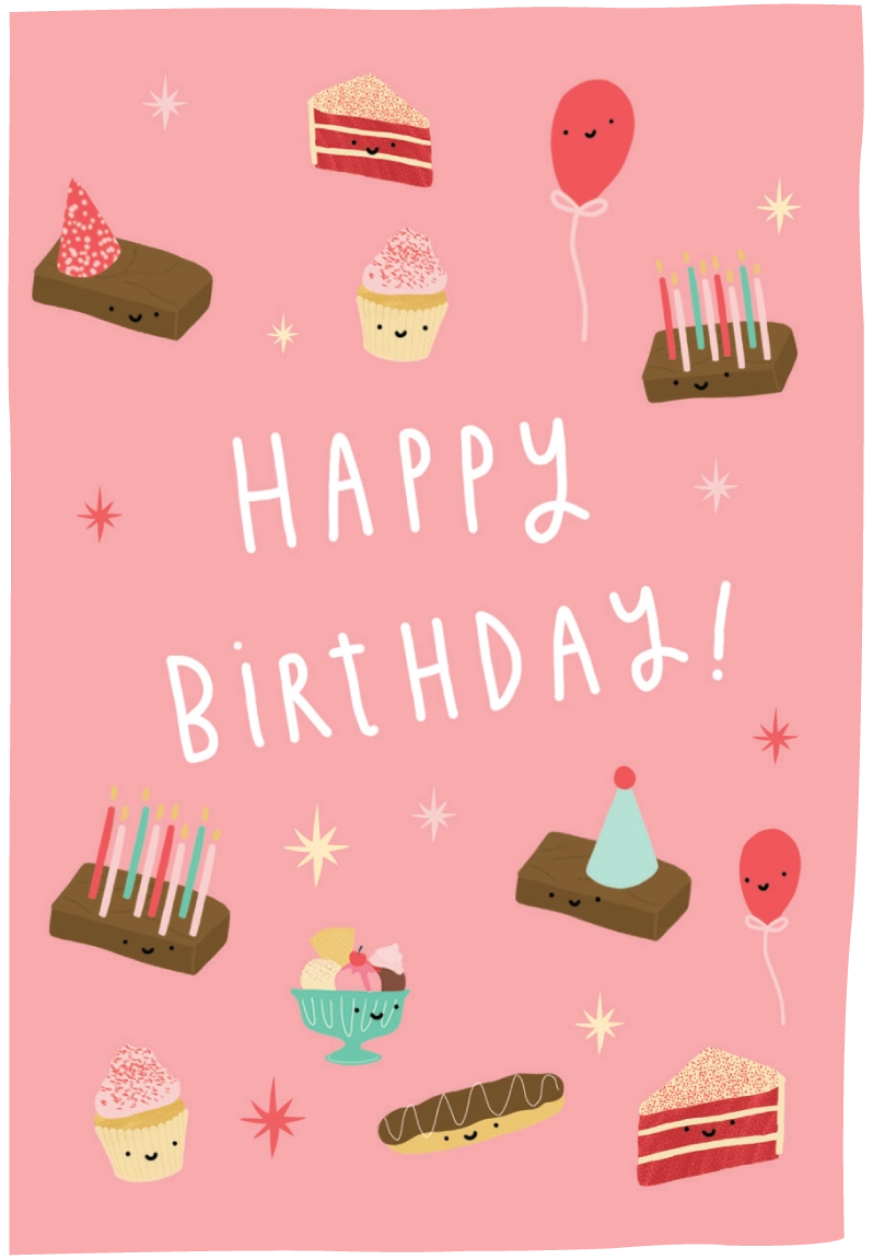 A pink birthday card design with the words “HAPPY BIRTHDAY!” in white script, surrounded by cute illustrated desserts, candles, balloons, and stars on a solid pink background.