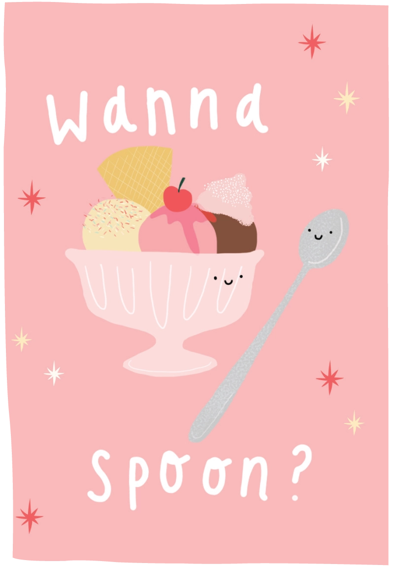 A pink square graphic with the words 'Wanna Spoon?' in white handwritten-style lettering, featuring a cute ice cream sundae bowl with scoops, a waffle cone, a cherry, and a smiling spoon on a pink background with small star accents.
