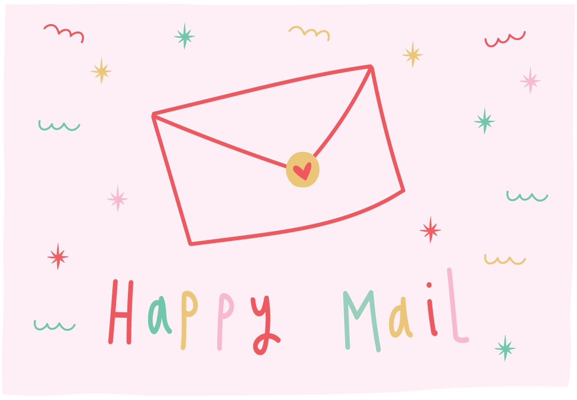 A cute, hand-drawn style graphic featuring a red envelope with a gold heart seal on a light pink background, surrounded by whimsical doodles and the text 'Happy Mail' in multicolored letters.