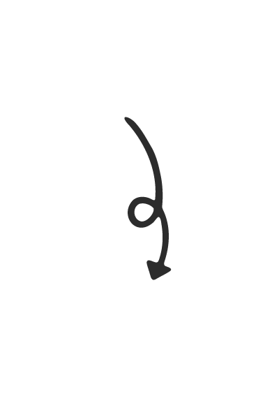 A simple black curved arrow pointing downward on a plain white background.