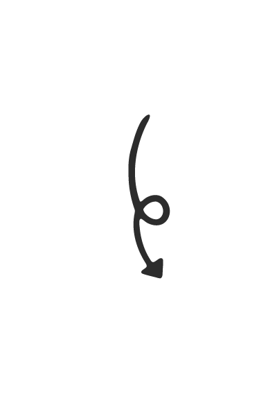 A simple black curved arrow pointing downward on a plain white background.