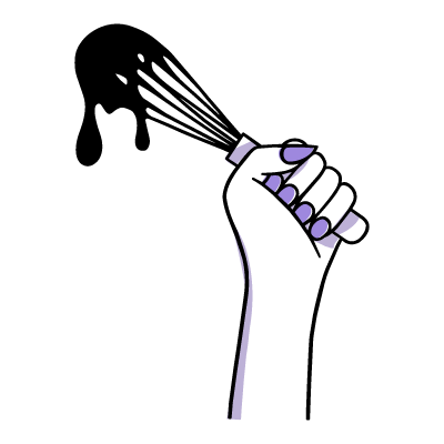 A stylised illustration of a hand holding a dripping whisk against a solid black background.