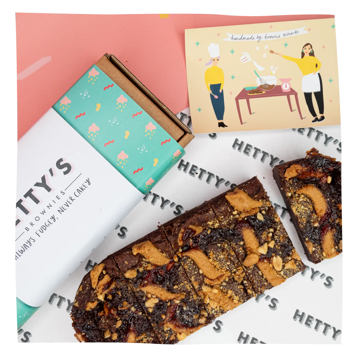 A styled flat-lay of brownie bars and their packaging. 