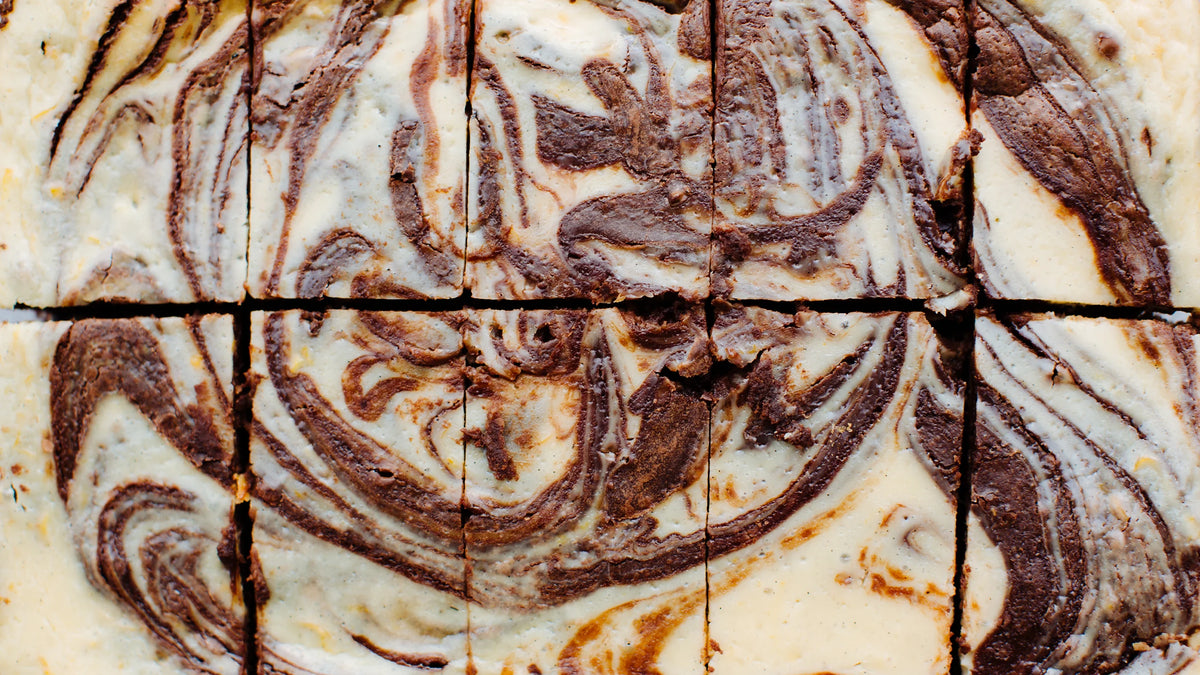 A close-up of baked brownies.