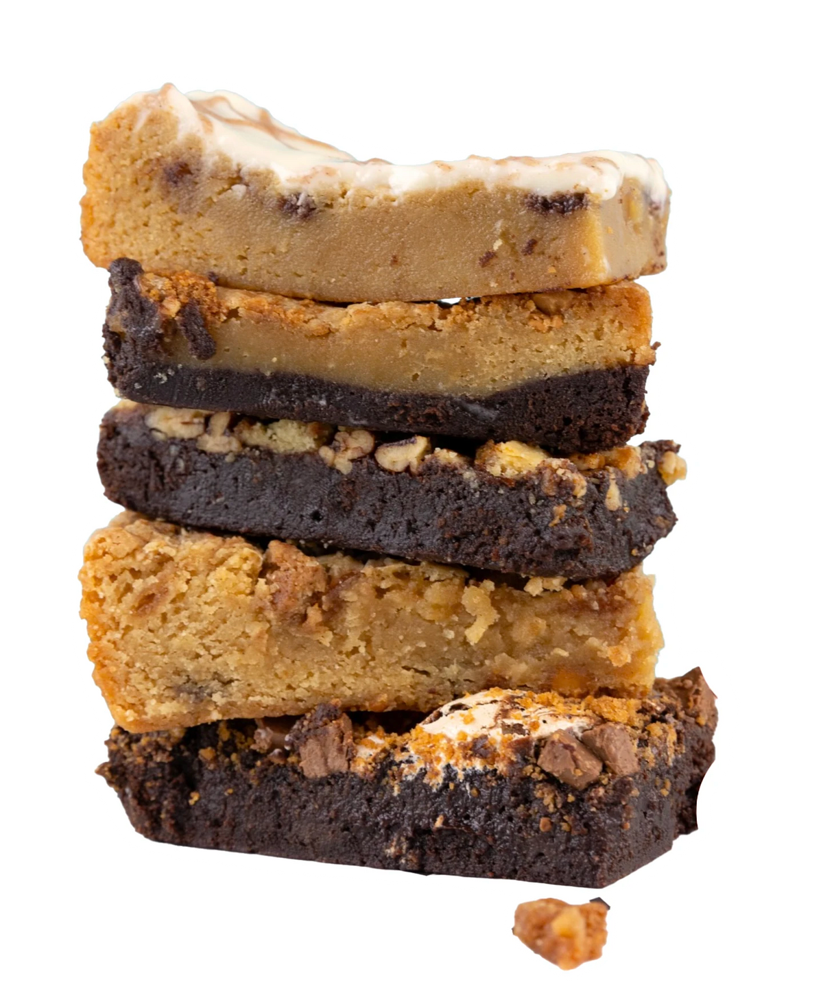 A stacked arrangement of five brownies on a white background